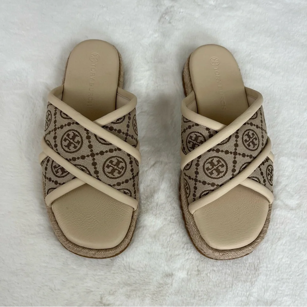 NWOT TORY BURCH T MONOGRAM CRISSCROSS ESPADRILLE SLIDES SIZE 8.5 - Picture 9 of 16